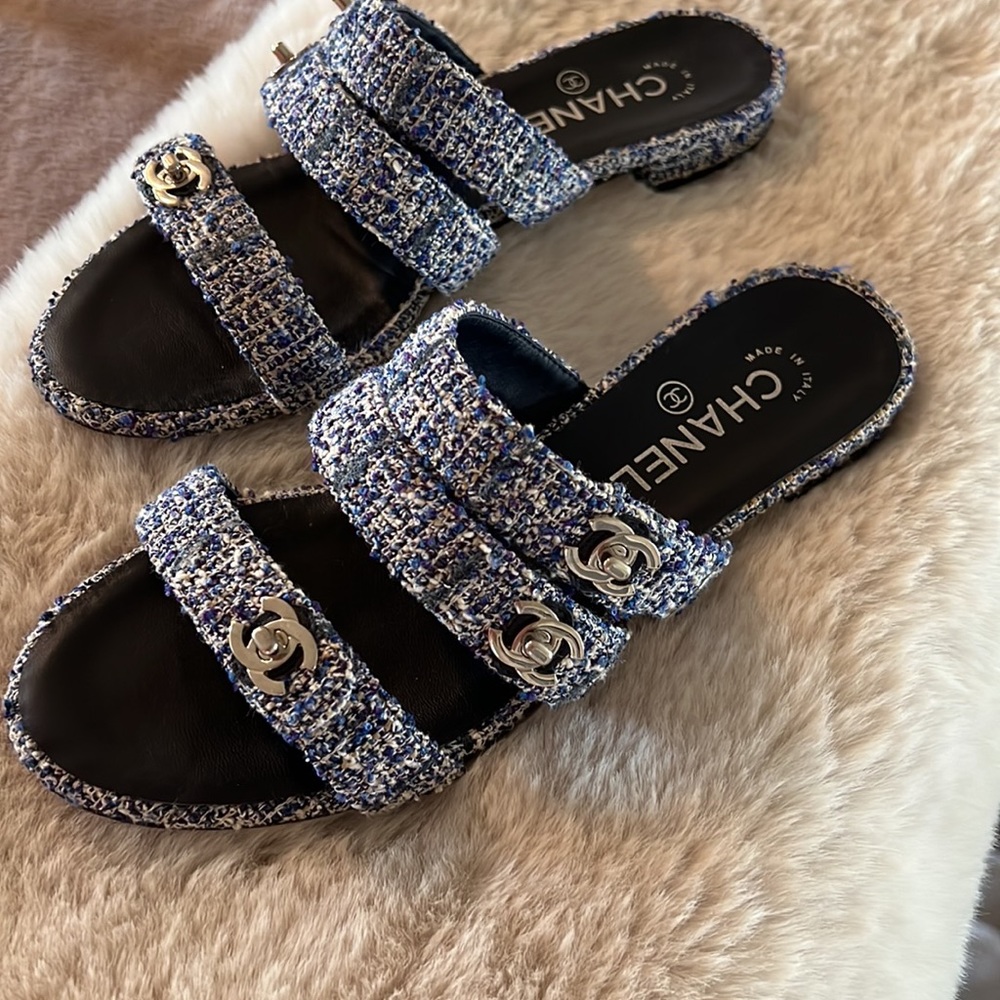 CHANEL tweed and lambskin mules/sandals